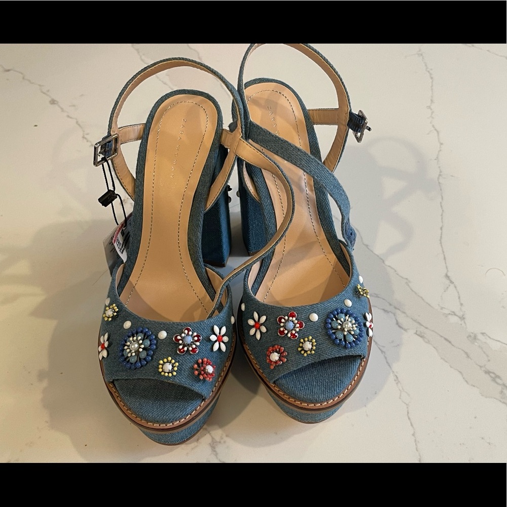 Zara Platform Heels - NWT - Denim Blue with Beaded Flowers